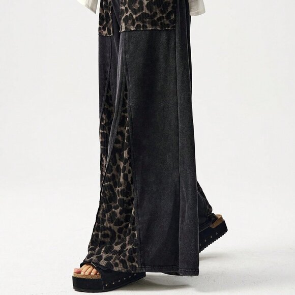Black Casual Women's Patchwork Leopard Print Knit Wide Leg Pants - Picture 8 of 8